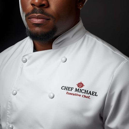 Person wearing a white chef's coat with 'Chef Michael' embroidered on it against a dark background