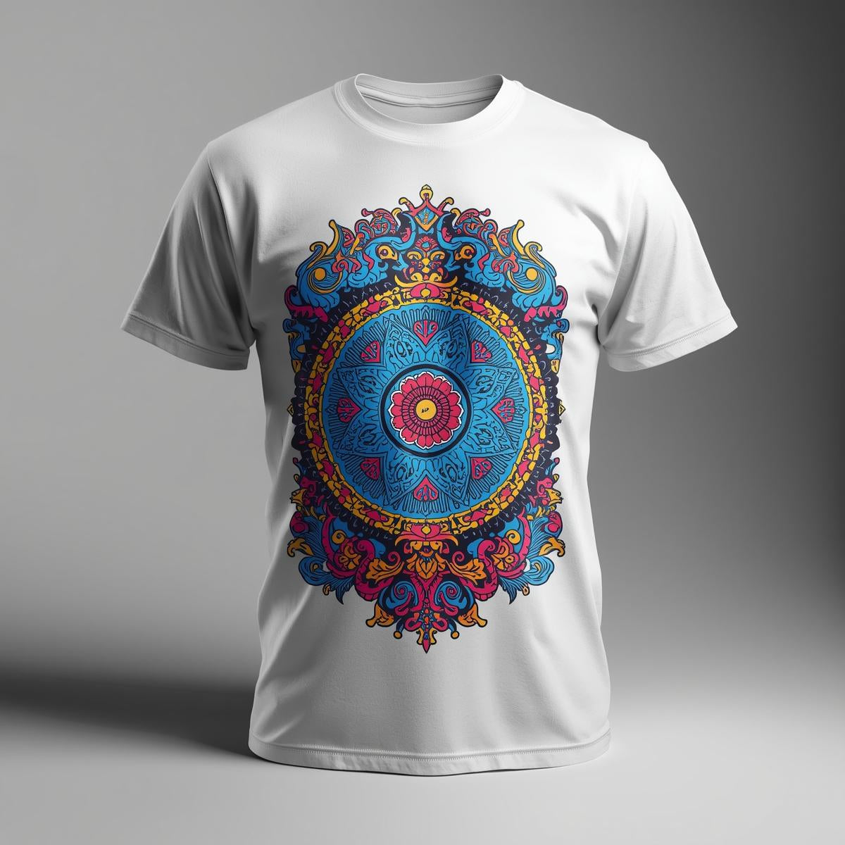 White t-shirt with a colorful mandala design on a gray background