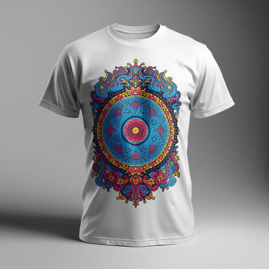 White t-shirt with a colorful mandala design on a gray background