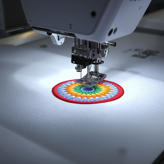 Embroidery machine stitching a colorful floral design on fabric.