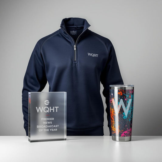 Navy pullover with 'WQHT' branding, glass award, and colorful tumbler on a gray background