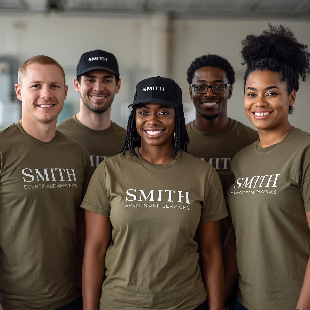 Five people wearing 'Smith Events and Services' shirts and hats in a casual setting.