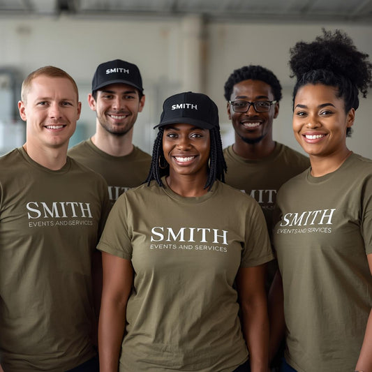 Five people wearing 'Smith Events and Services' shirts and hats in a casual setting.